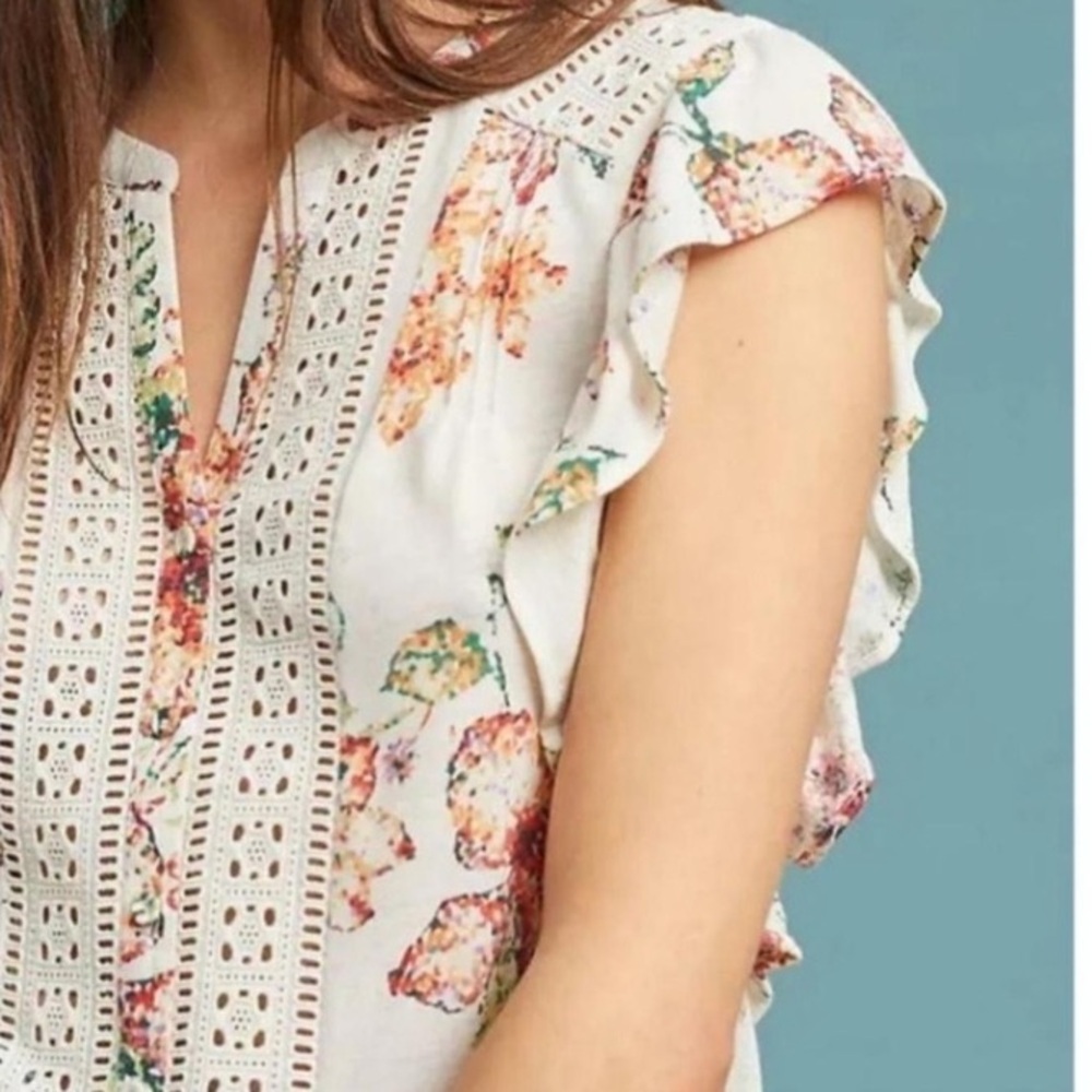 Maeve Anthropologie Cream Multi floral Eyelet Blouse- Medium (8/10)